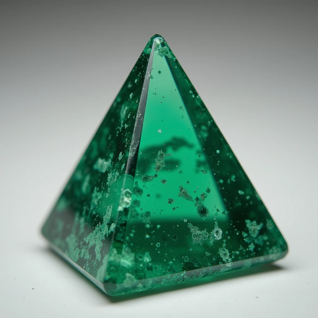 Crystallized mineral stone in triangular or pyramid shape in emerald color