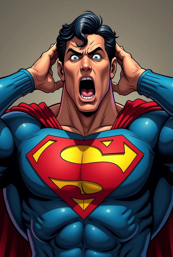 Superman stylized character, comics, Very detailed, 8k,Mouth open、Holding his head、Appearing scared、scary look