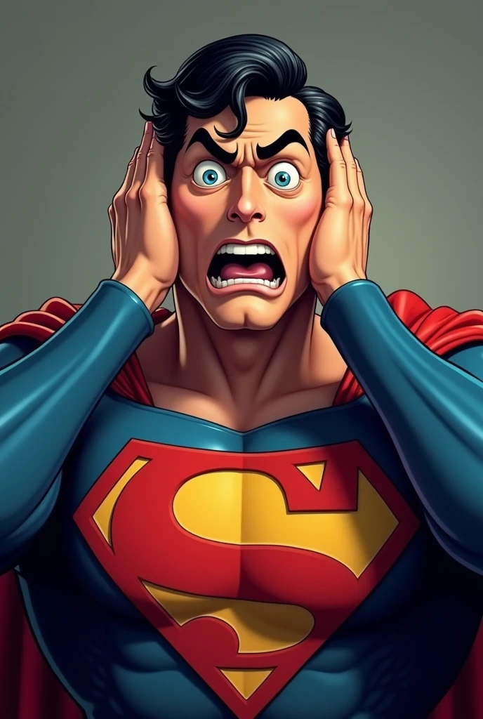 Superman stylized character, comics, Very detailed, 8k,Mouth open、Holding his head、Appearing scared、scary look