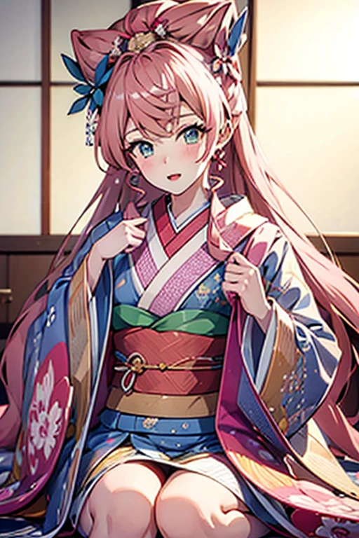 Woman in kimono,One girl, solo, High resolution, Long Hair, chest, masterpiece, Pink Hair