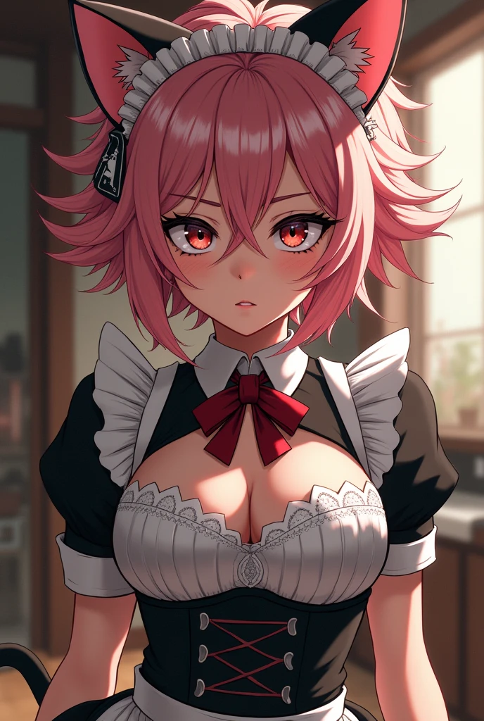 score_9, score_8_up, score_7_up, hs kayn, looking at viewer, pink hair, short hair, solo, fake animal ears, cat cutout, cat lingerie, jingle bell, neck bell, maid apron, crossdressing, enmaided, meme attire, pectoral cleavage, cat cutout, cat lingerie, cat boy, heterochromia, green eyes, red eyes, indoors, upper body, sitting, full-face blush, embarrassment,
<lora:HS_Kayn_Test2:0.76>, zPDXL