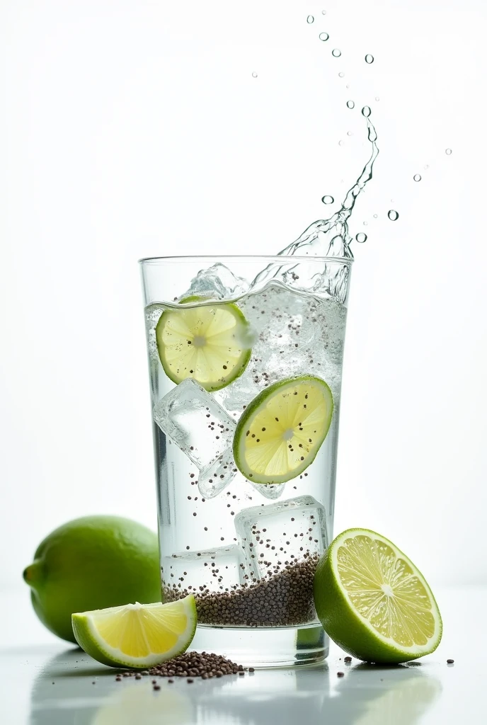 "Glass of water and ice with chia" decorated with green lemons and chia, with splashes and white background