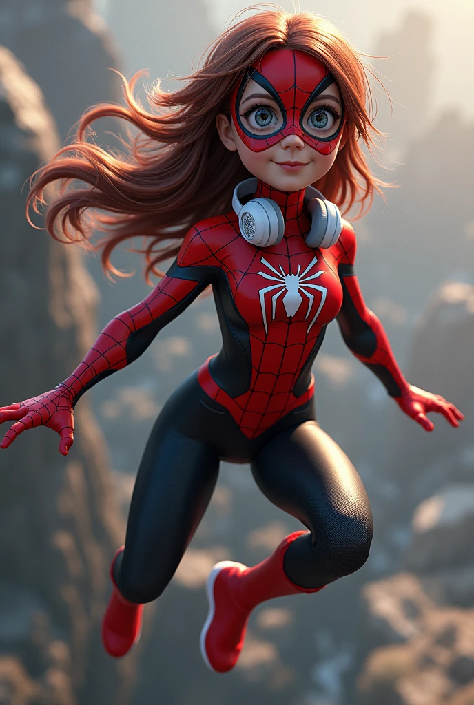 4’10 spider woman with white headphones around her neck with her spider suit being 3 colors which are red, black and white with a symbol in the middle of her chest that was a mix of a eagle and a spider with her mask on do an areal mid air
