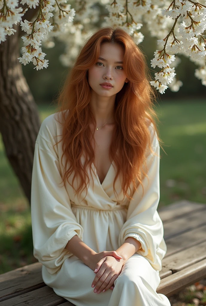 Ultraréaliste, la photographie, longs cheveux roux, femme, 24 ans, chiffre de sablier, corps parfait, look affectueux, seins moyens naturels, arrière-plan flou, Porter une robe en soie, assis sur un banc sous un arbre a feuille blanche au japon