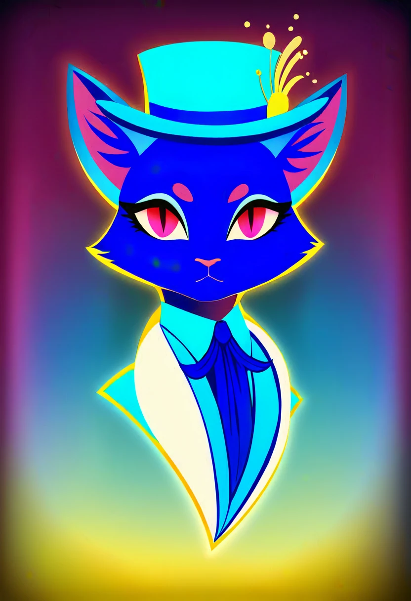 score_9, score_8_up, score_7_up, source_furry, rating_safe, masterpiece, best quality, ultra high res, a cute cat, animal, beautiful, visually stunning, elegant, incredible details, award-winning painting, high contrast, vector art, line art, splatter, flat color, color merge gradient, (kitten:0.7), (dark blue theme:1.2), n3on, glowing, neon, (fluffy:1.2), top hat, cat eyes, serious, magenta, (no humans:1.4)