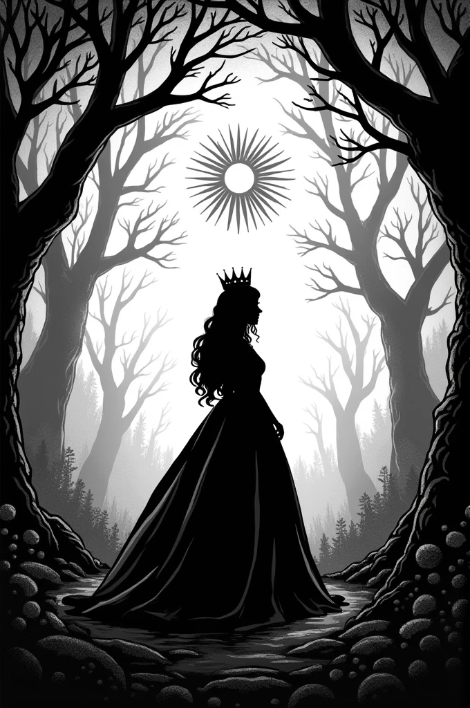 Image in black and white WOODCRAFTING style with the title story of the original tales with the shadow of a princess wearing a crown in the center and a sun above her