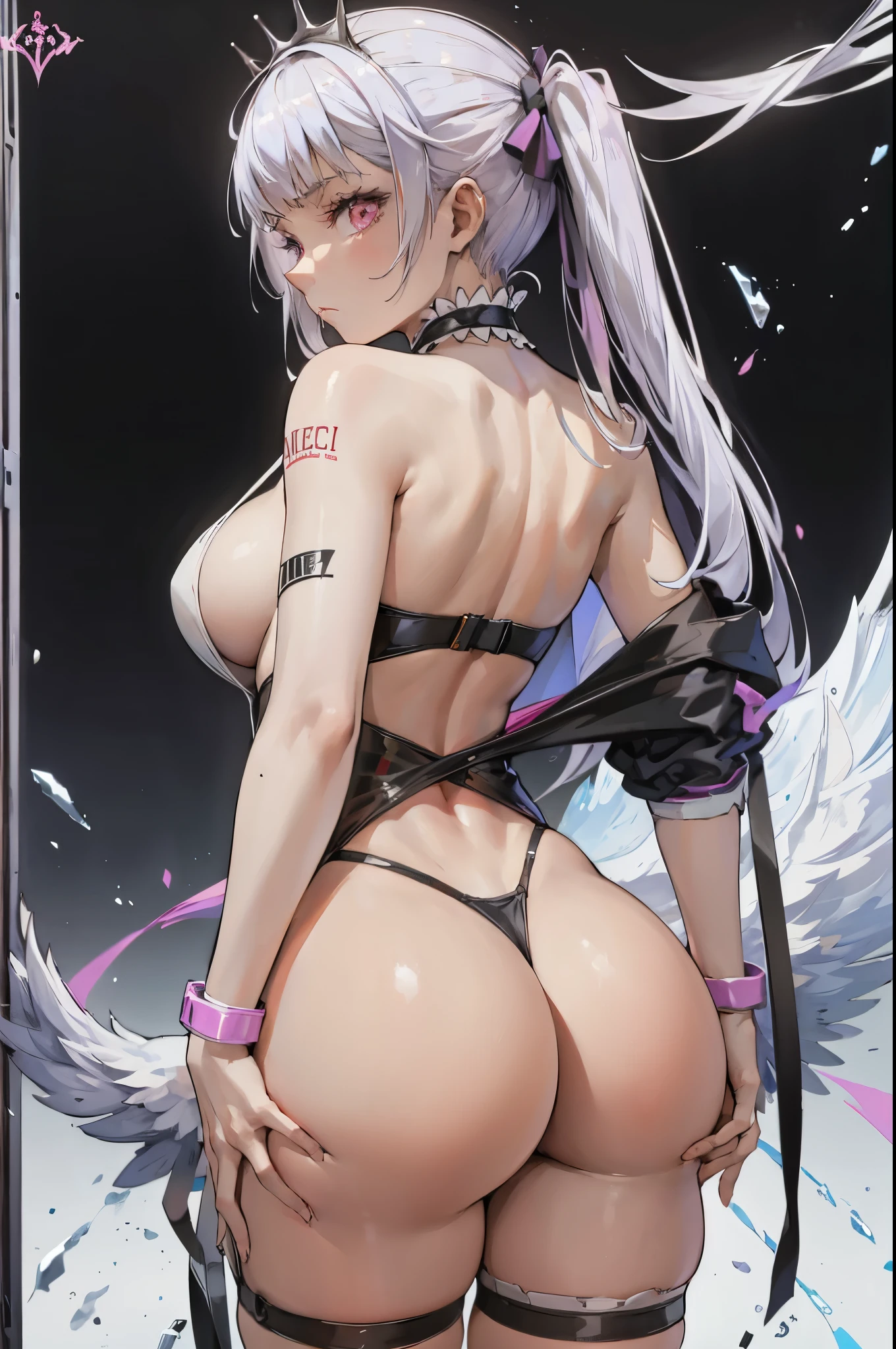 sexy girl, no clothes, girl from the back, black panties, big ass, white background, white hair, white pigtail hair, pink eyes
