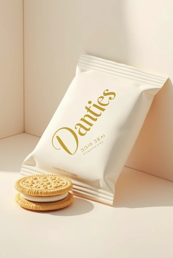 A small cream white package like oreo package with gold writing Danties with a biscuit like Oreos