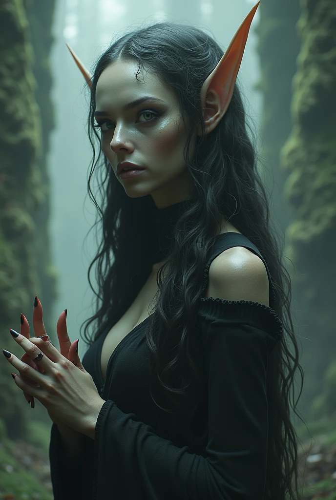 Humanoid being resembling a woman, thin, high, human colored skin, completely white eyes, pointy ears, long fingernails curly hair