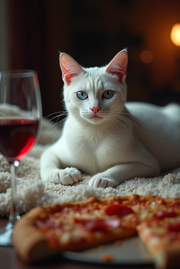 Sexy white cat eating pizza, drinking wine, reading a book