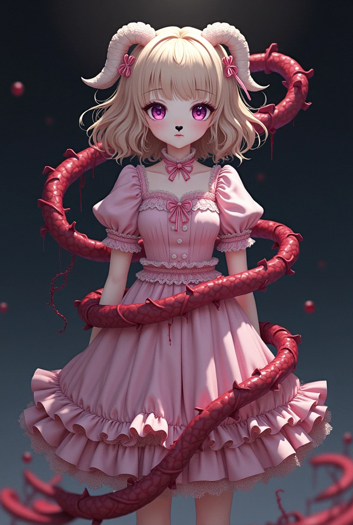 In the art style of Chloe Tersigni; anime girl with, curly thick blonde hair, purple eyes, flat chested, black heart animal nose, lamb ears, long lashes, light pink, bloody ta dress, tangled and wrapped in human intestines, in a void, inspired by Melanie Martinez’s portals album, bloody