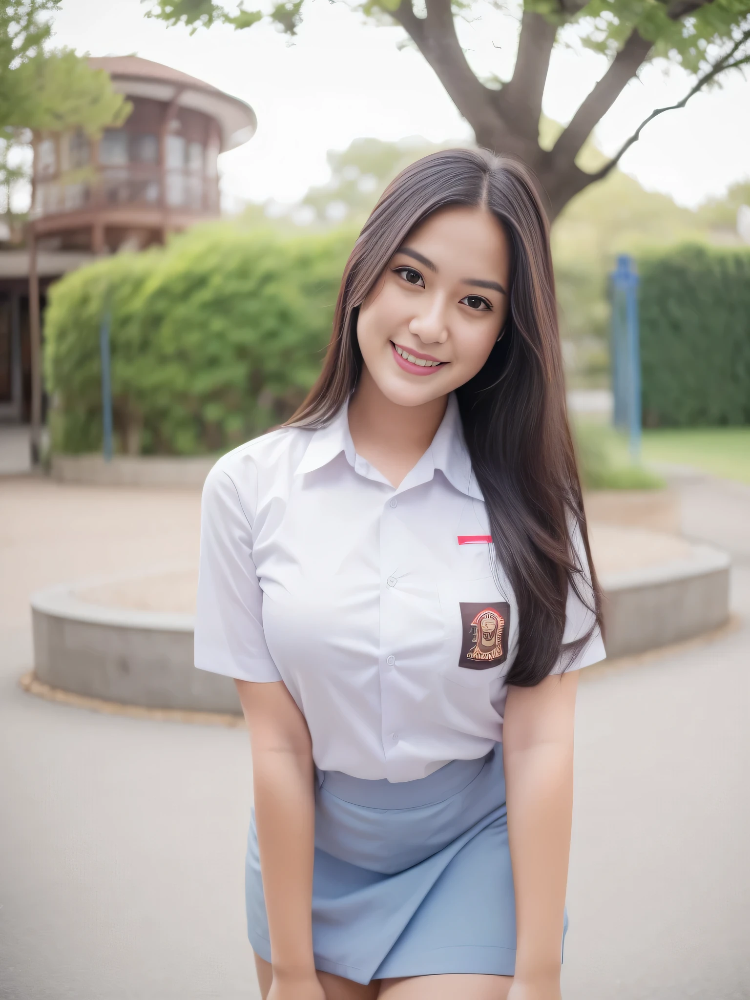 1girl, solo, 19 years old, (uniform), detailed Metropolitan city at the background, portrait, thick breasts, semi-curvy body, smooth realistic skin, cute smile, white shirt, grey blue short skirt, looking at the audience, high angle shot,(8k, RAW photo, best quality, masterpiece: 1.3), (realistic, realistic: 1.37), ultra-high resolution, cowboy shot