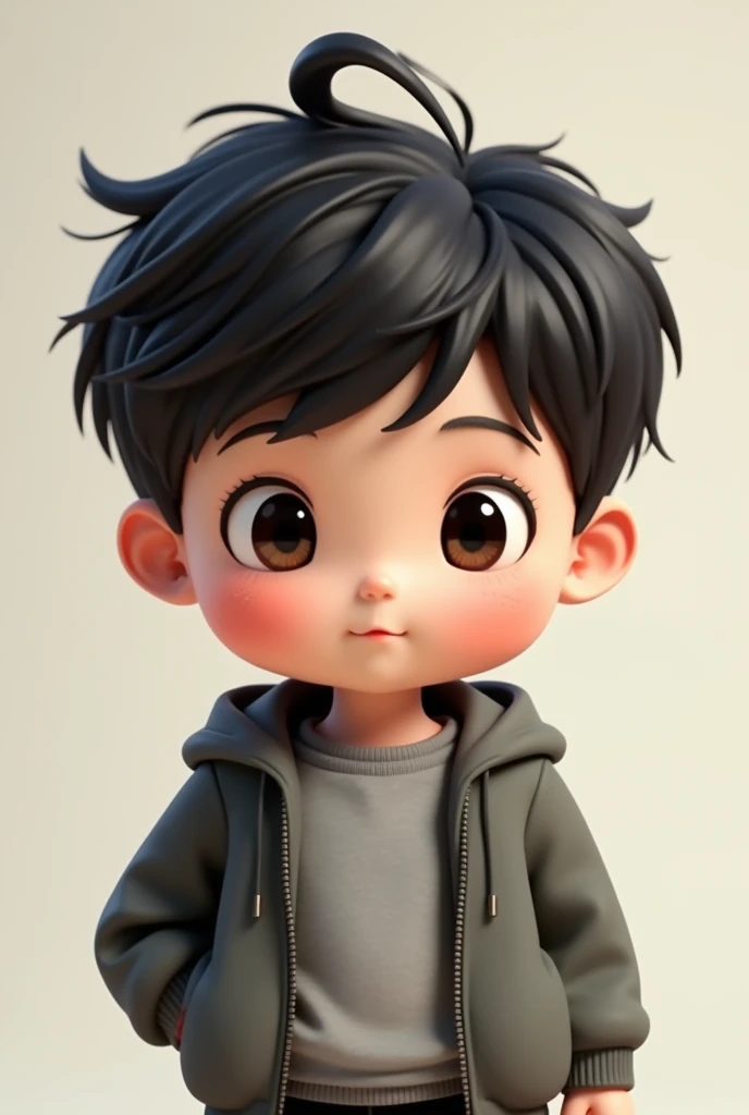 White boy with almond eyes, chubby and with black, wavy hair. He has gray and black clothes