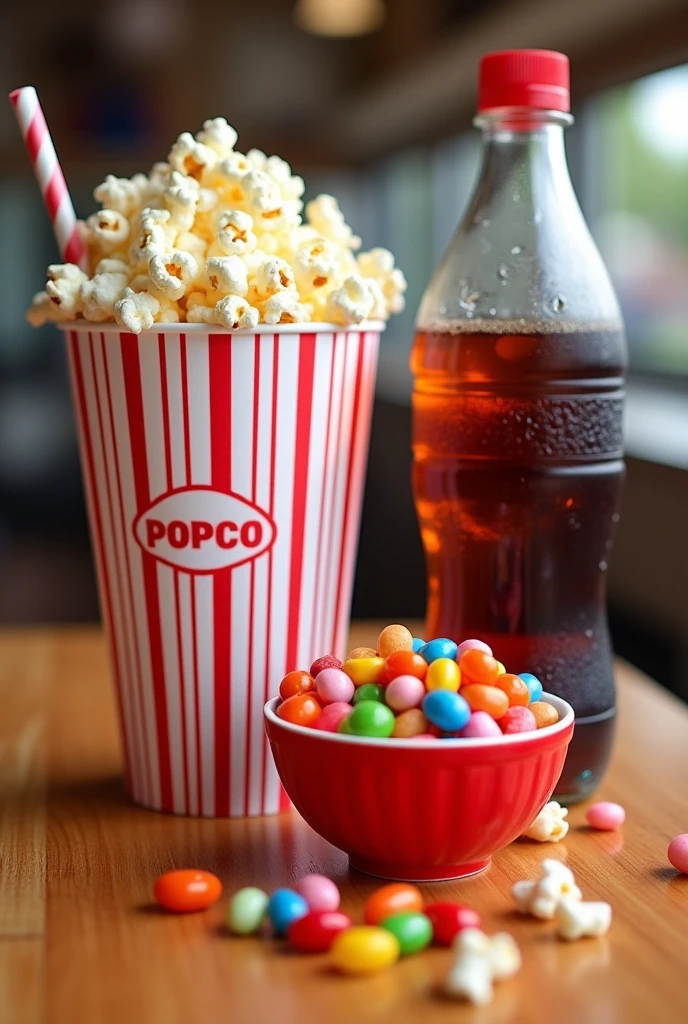 A combo that includes: large popcorn, a soda and jelly beans


