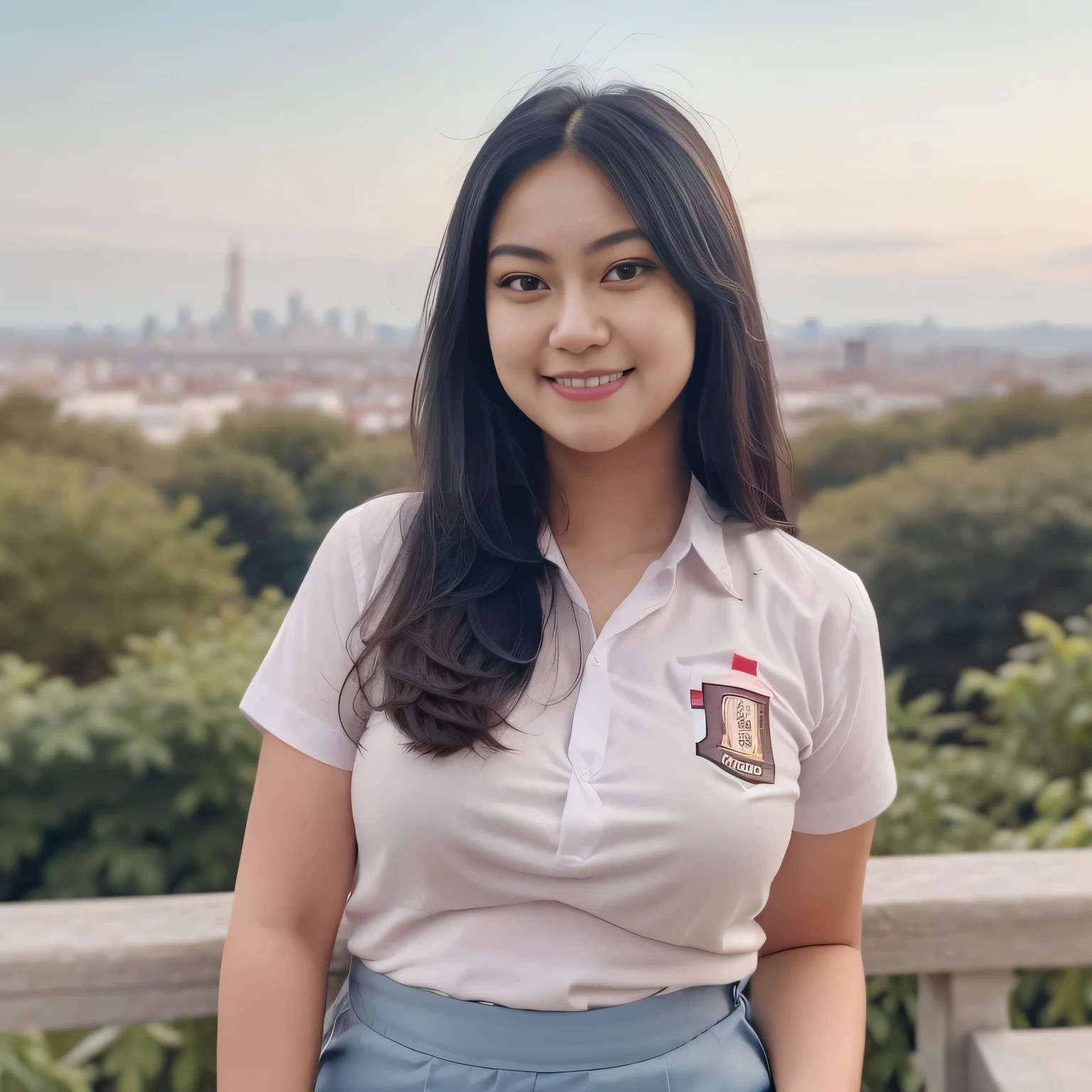 1girl, solo, 19 years old, (uniform), detailed Metropolitan city at the background, portrait, thick breasts, semi-curvy body, smooth realistic skin, cute smile, white shirt, grey blue short skirt, looking at the audience, high angle shot,(8k, RAW photo, best quality, masterpiece: 1.3), (realistic, realistic: 1.37), ultra-high resolution, cowboy shot