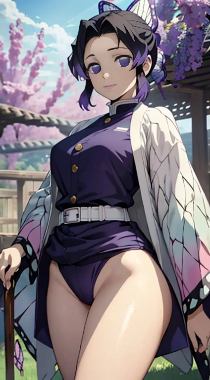 masterpiece,Ultra detailed backgrounds,delicate patterns,Best intricate and detailed quality, very detailed faces,Highly detailed eyes and faces,Very detailed eyes,kochou shinobu,cabelo multicolorido,No bangs,Hair intake,Purple Eye,haori,butterflys,(Torpical Garden:1.2),purple flower,mostly cloudy skyporn,rays of sunshine,Saber on the waist,open legs,middle breasts,cowboy shot,thighs,thighs beautiful,squatting