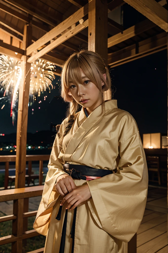 Takanashi hoshino kimono firework night, beige colored hair ,