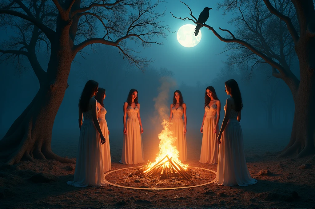 ((masterpiece, top quality, high resolution, highly detailed CG unified 8K wallpaper)), (huge stunning, very hot and sexy, jaw dropping beauties, perfect proportions, beautiful bodies, slim bodies, beauty:1.3), Moonlit witches sabbath, five skyclad witches perform a seremony around a huge bonfire, deep in the forest, clearing, moon cast a blueish hue on their pale naked bodies, birds eye view of the ceremony, a raven is wathing them from a tree branch, photo taken from above, we look down on them, a pentagram on the ground