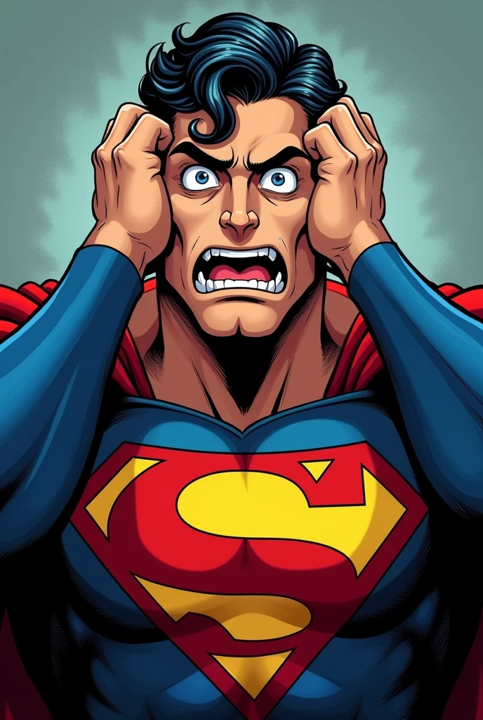 Superman stylized character, comics, Very detailed, 8k,Mouth open、Holding his head、Appearing scared、scary look