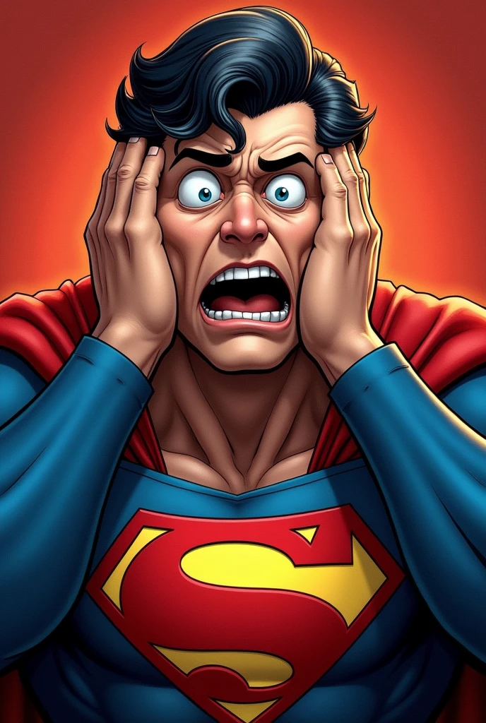 Superman stylized character, comics, Very detailed, 8k,Mouth open、Holding his head、Appearing scared、scary look