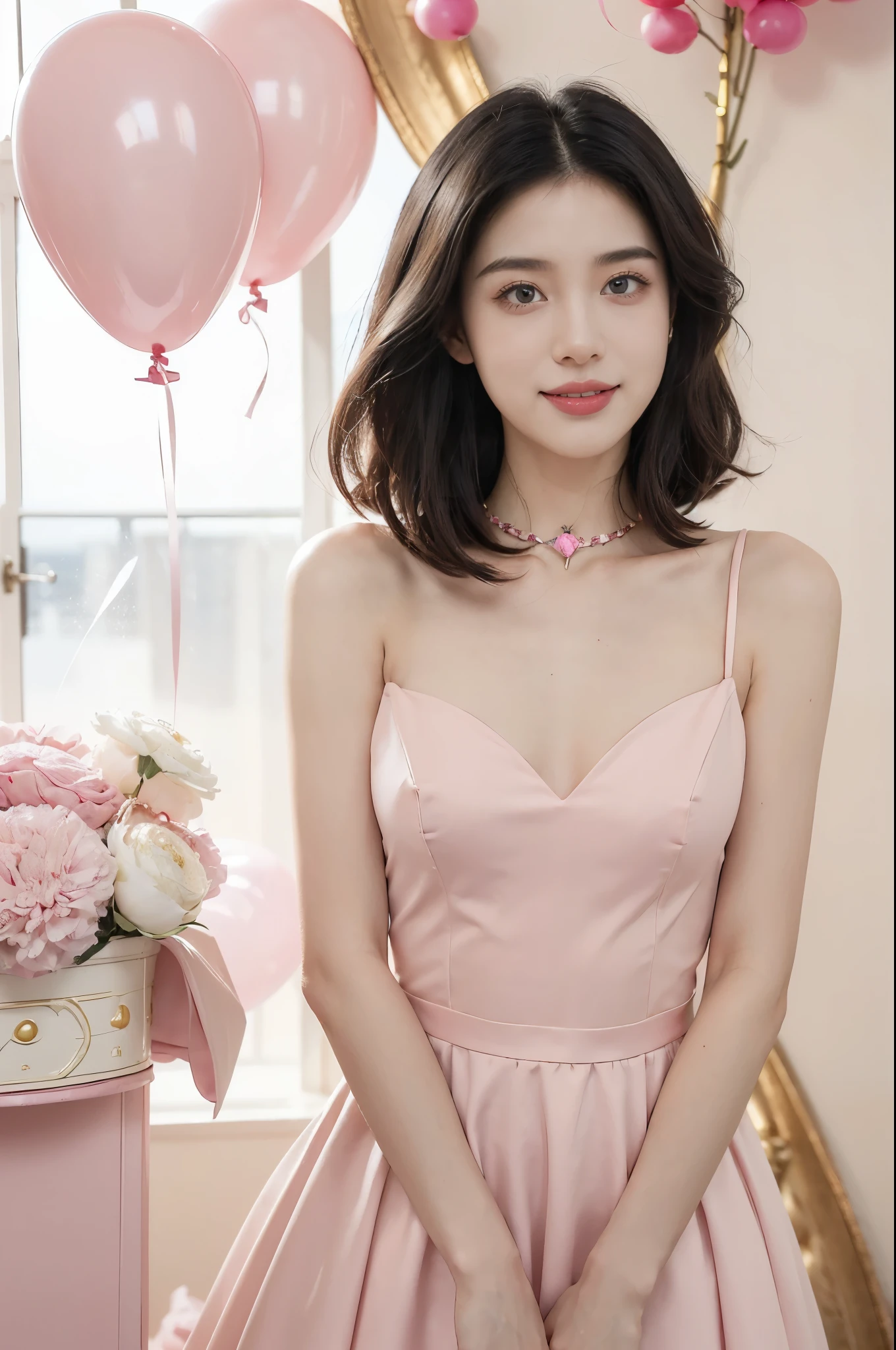 (((best quality))),(((ultra detailed))),(((masterpiece))),illustration,((1girl,solo)),(shoulder-length straight bob:1.2),(black hair:1.3),((bright eyes,flawless skin)),((slim,thin)),((small breasts,flat chest)),(dog collar with a bell:1.2),(pink sheer dress:1.3),(slender legs:1.2),sweetheart neckline,innocent yet alluring,(In a pink princess theme bedroom:1.3),(standing:1.3),(colorful gift box:1.3),wonderful expression,big bows,festive atmosphere,balloons and streamers,sunlight streaming in,radiant smile,anticipation,joy and excitement,capturing a moment of pure happiness,((from front,upper body))