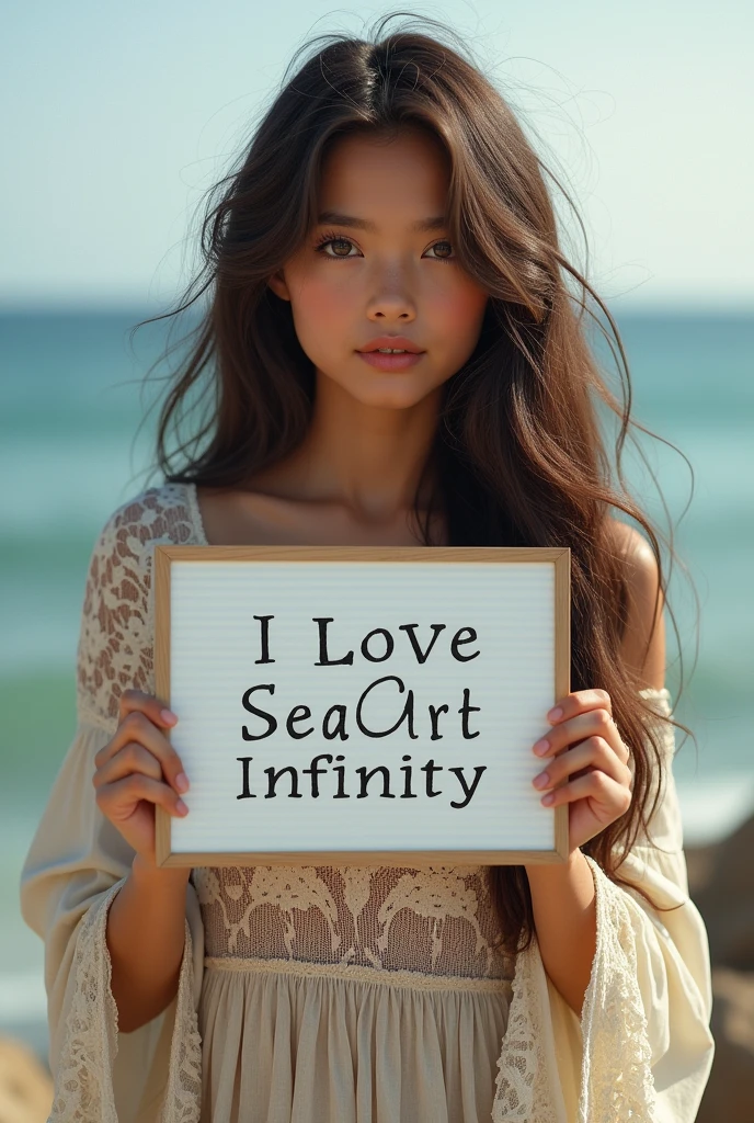 Beautiful girl with wavy long hair, bohemian dress, holding a white board with text "I Love Seaart Infinity" and showing it to the viewer