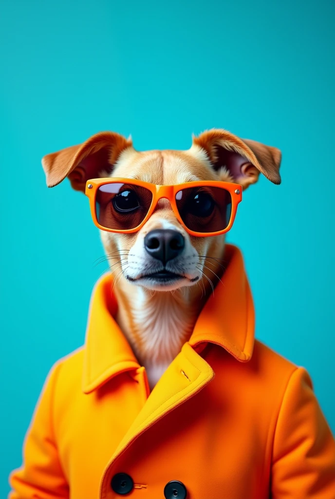 The best cell phone wallpaper, Award-Winning Wallpaper, portrait photography, In the front view is a portrait of a cute dog wearing mid-1960s space age fashion, Side view photo, Shot with Canon EOS R5, Set a strong contrast that accentuates the subject, Fluorescent blue tone, Wearing a very modern coat and sunglasses is a modern 1960s style, Clothes all in one color, beautiful background