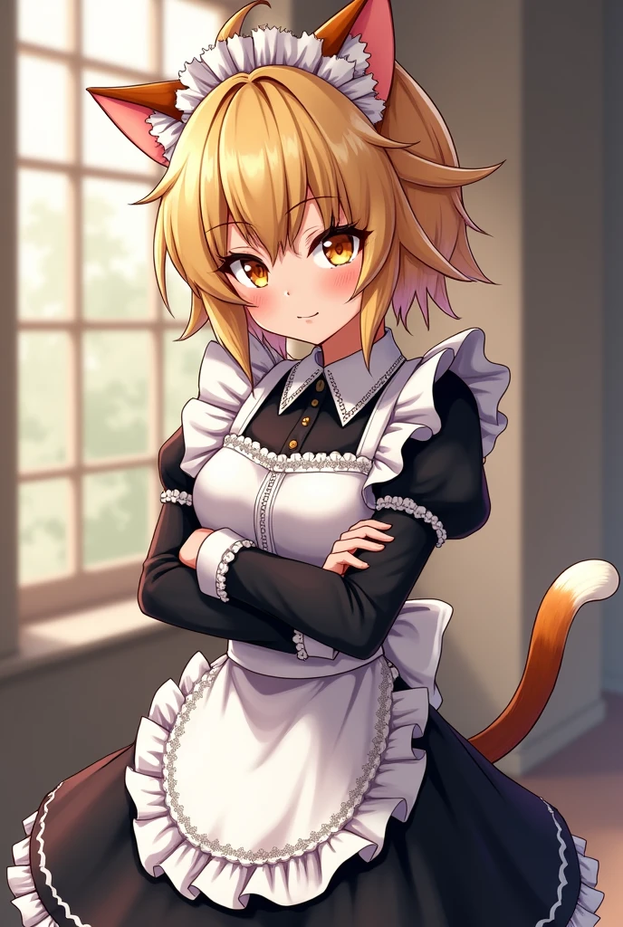 Female Bakugou with dull blonde hair pinned up and spiked, with maid outfit,with cat ears and cat tail