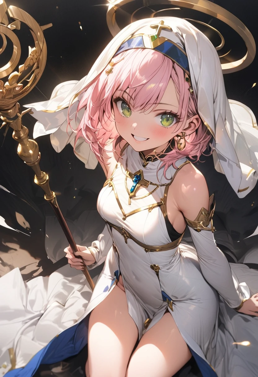 (masterpiece),(best quality),(ultra-detailed),(best illustration),(best shadow),(absurdres),(detailed background),(very aesthetic), priestess, short hair,curly bob cut, detailed skin, pink hair, green eyes, perfect face, White dress, gold_ornaments, ((Staff)), ((short breasts)), smiling, veil, 1girl, legs exposed, strikes, Perfect face, add_detail:1, add_detail:0, add_detail:0.5,