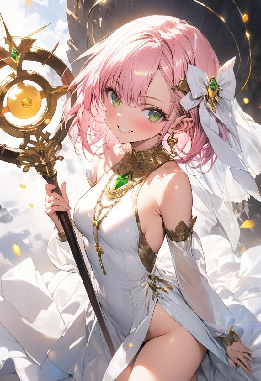 (masterpiece),(best quality),(ultra-detailed),(best illustration),(best shadow),(absurdres),(detailed background),(very aesthetic), priestess, short hair,curly bob cut, detailed skin, pink hair, green eyes, perfect face, White dress, gold_ornaments, ((Staff)), ((short breasts)), smiling, veil, 1girl, legs exposed, strikes, Perfect face, add_detail:1, add_detail:0, add_detail:0.5,
