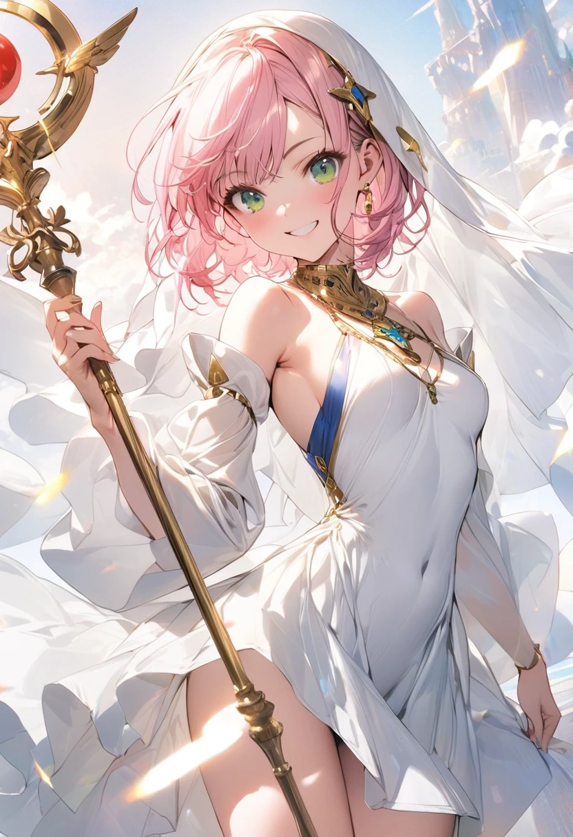 (masterpiece),(best quality),(ultra-detailed),(best illustration),(best shadow),(absurdres),(detailed background),(very aesthetic), priestess, short hair,curly bob cut, detailed skin, pink hair, green eyes, perfect face, White dress, gold_ornaments, ((Staff)), ((short breasts)), smiling, veil, 1girl, legs exposed, strikes, Perfect face, add_detail:1, add_detail:0, add_detail:0.5,

