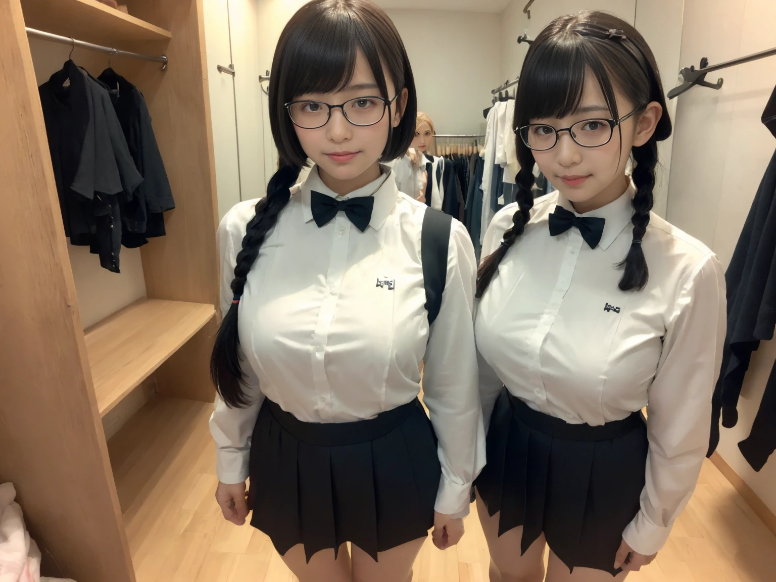 masterpiece, Highest quality, figure, Very detailed, The finer details, High resolution, 8k,wallpaper, Perfect dynamic composition,(Detailed high quality, Realistic depiction of eyes:1.3),(A tight-fitting waitress uniform with buttons on the collar and chest), Seraphim, Short Bob Hair, The background is an empty changing room, Deep in the field, Black hair color, Big Natural Color Lip, (Perfect figure), (smile)、Harajuku Style, Adorable expression、Expressions of happiness、Amazingly cute、Cute type、Beautiful feet, Idol Sculpture、(Changing clothes in the changing room:1.5)、(In the process of taking off clothes:1.5)、Braid、Glasses