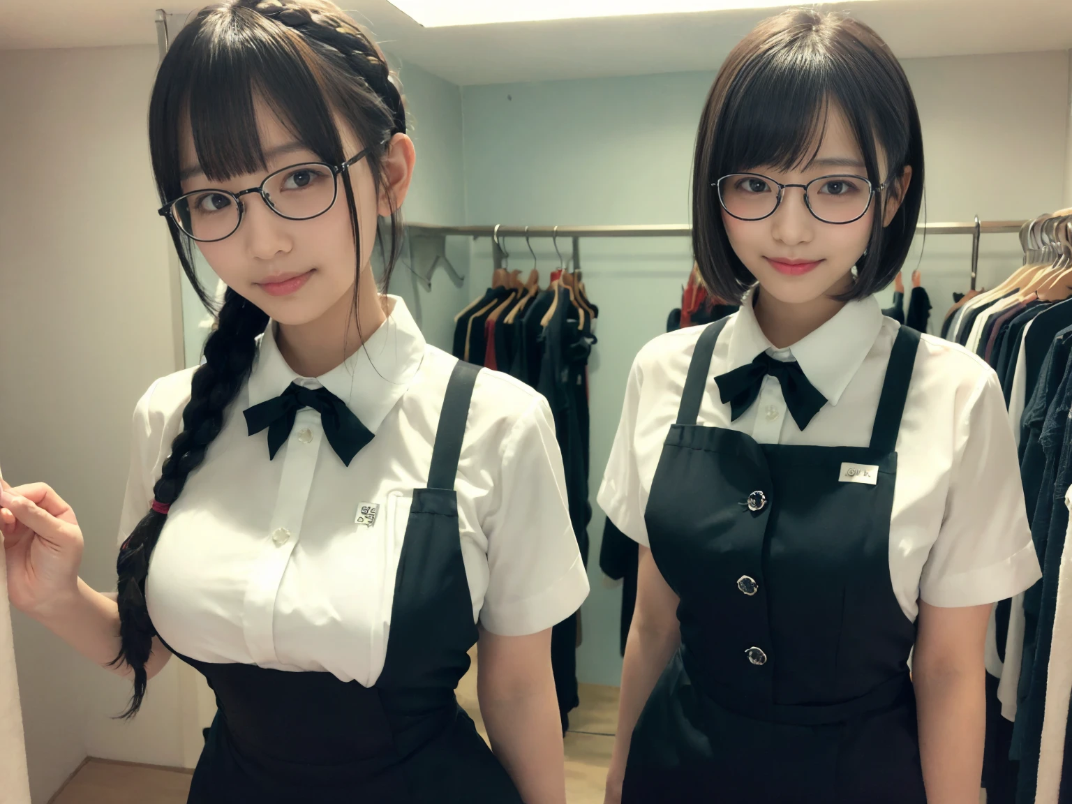 masterpiece, Highest quality, figure, Very detailed, The finer details, High resolution, 8k,wallpaper, Perfect dynamic composition,(Detailed high quality, Realistic depiction of eyes:1.3),(A tight-fitting waitress uniform with buttons on the collar and chest), Seraphim, Short Bob Hair, The background is an empty changing room, Deep in the field, Black hair color, Big Natural Color Lip, (Perfect figure), (smile)、Harajuku Style, Adorable expression、Expressions of happiness、Amazingly cute、Cute type、Beautiful feet, Idol Sculpture、(Changing clothes in the changing room:1.5)、(In the process of taking off clothes:1.5)、Braid、Glasses