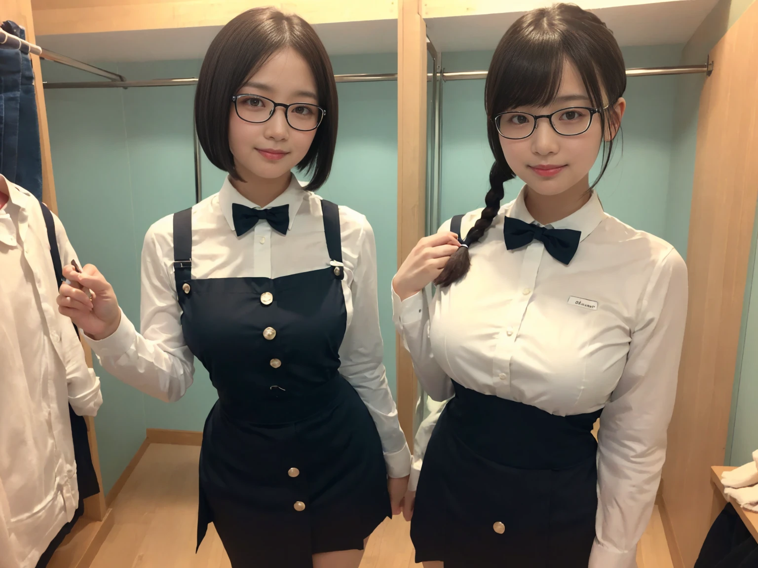 masterpiece, Highest quality, figure, Very detailed, The finer details, High resolution, 8k,wallpaper, Perfect dynamic composition,(Detailed high quality, Realistic depiction of eyes:1.3),(A tight-fitting waitress uniform with buttons on the collar and chest), Seraphim, Short Bob Hair, The background is an empty changing room, Deep in the field, Black hair color, Big Natural Color Lip, (Perfect figure), (smile)、Harajuku Style, Adorable expression、Expressions of happiness、Amazingly cute、Cute type、Beautiful feet, Idol Sculpture、(Changing clothes in the changing room:1.5)、(In the process of taking off clothes:1.5)、Braid、Glasses