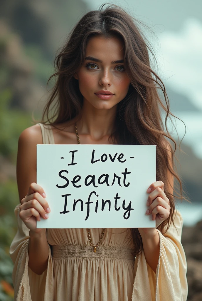 Beautiful girl with wavy long hair, bohemian dress, holding a white board with text "I Love Seaart Infinity" and showing it to the viewer