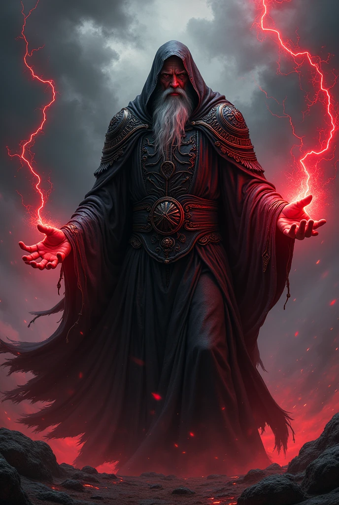 An old man in a dark robe over black armor with the ability to create red thunder