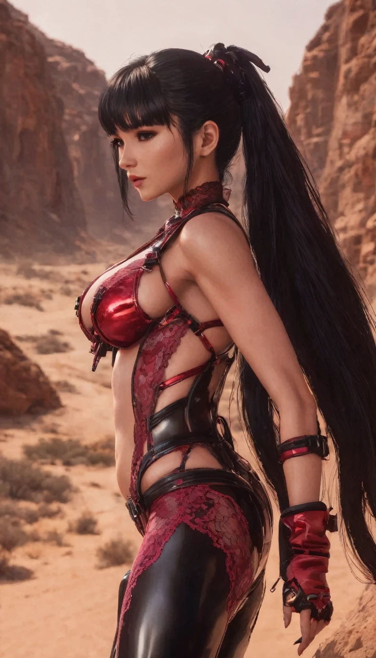 Eve with huge breasts in red micro bra with lace with tight suit with technological decorations with slim waist with very long black hair with ponytail ,with blush and tongue out dripping saliva falling on her breasts , embracing her breasts sadly in the desert 