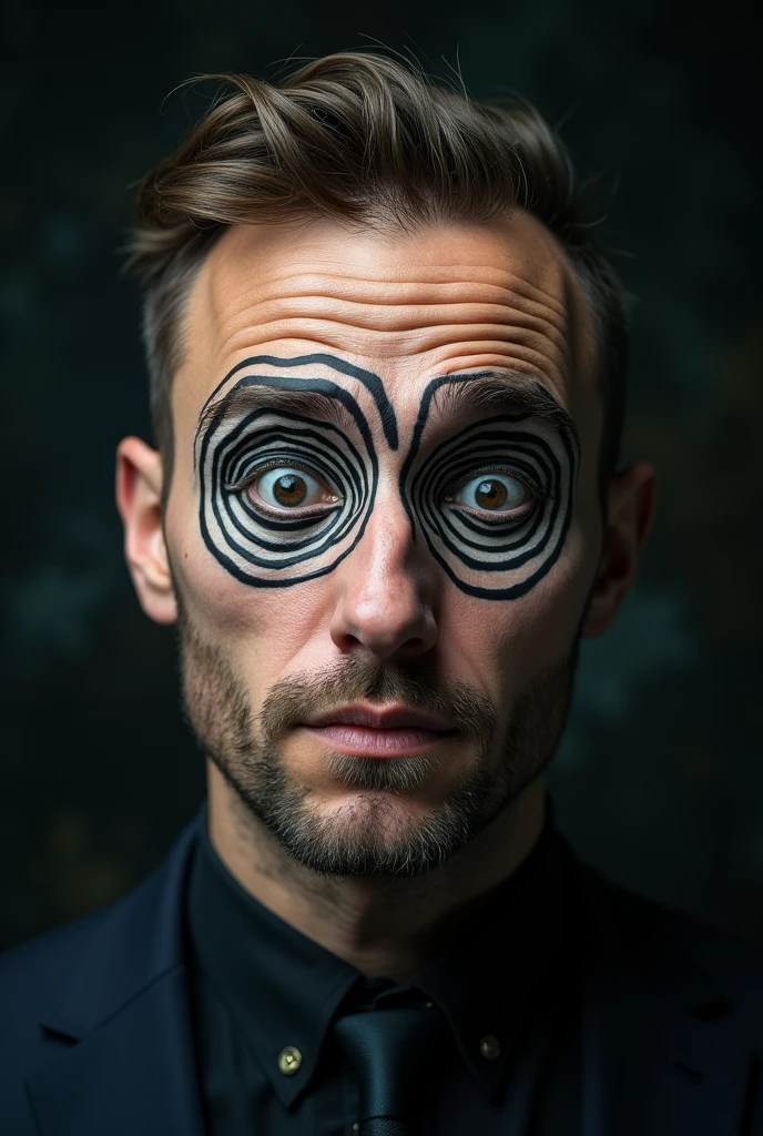 Create an image of a man who appears hypnotized. His eyes should have a swirling hypnotic pattern, with spirals or concentric circles that convey a trance-like state. The man’s expression should be blank or dazed, showing that he’s deeply under the influence of hypnosis. The background can be dark or abstract to emphasize the hypnotic effect in his eyes.