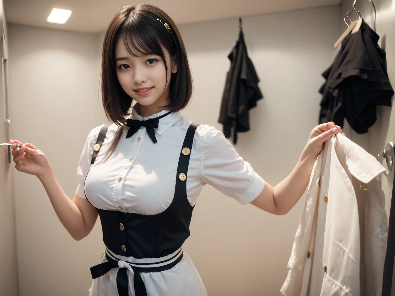 masterpiece, Highest quality, figure, Very detailed, The finer details, High resolution, 8k,wallpaper, Perfect dynamic composition,(Detailed high quality, Realistic depiction of eyes:1.3),(A tight-fitting waitress uniform with buttons on the collar and chest), Seraphim, Short Bob Hair, The background is an empty changing room, Deep in the field, Black hair color, Big Natural Color Lip, (Perfect figure), (smile)、Harajuku Style, Adorable expression、Expressions of happiness、Amazingly cute、Cute type、Beautiful feet, Idol Sculpture、(Changing clothes in the changing room:1.5)、(In the process of taking off clothes:1.5)