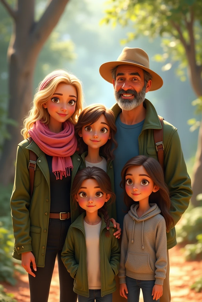 In the image that will be the cover of a charming Pixar-style story, a family of five happily poses in a place full of symbolism and magic, ready to start a great adventure. **Characters:** - **The Mother:** She is a woman with a warm look, with a natural glow that illuminates others, brown eyes. She wears a pink scarf that contrasts beautifully with her blonde hair that falls in soft waves on her shoulders. He wears an olive green jacket over a black t-shirt, with light shorts. - **The Father:** At his side is the father, an older person with an adventurous appearance, with a beige safari hat that gives him an explorer air. His eyes are light green and he has gray hair on the sides of his head. He has a slight visible beard that is not very abundant, and is 50 years old. He wears a blue polo shirt and a light green jacket that protects him from the weather. - **The Eldest Daughter:** To the right of the father, the eldest daughter is a young woman with long hair very curly from the roots that cascade around her face, brown eyes. She is wearing a gray jacket and a happy expression on his face, with a big smile that radiates enthusiasm and adult energy. The size is up to the mother's shoulder. - **The Middle Daughter:** At her side, the middle daughter, sports a loose hairstyle and wavy hair that is very long to her waist, brown eyes, and wearing a gray jacket over a white t-shirt. She is a 16 year old teenager. - **The Youngest Daughter:** Finally, the youngest daughter, to the mother's left, is a girl with very straight, waist-length hair with strands surrounding her face, and brown eyes. She is wearing a light gray sweatshirt. and his smile is so wide that it seems to infect everyone around him.