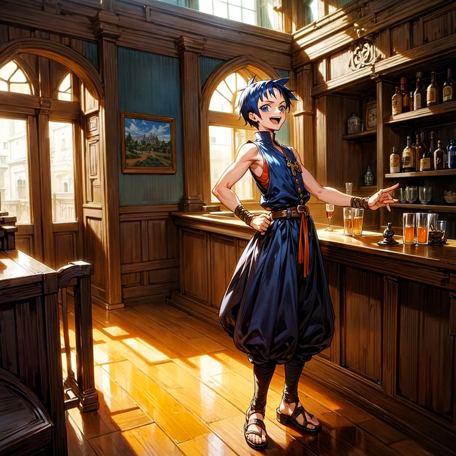 Solo character,  boy, full body version, blue eyes, black half orange colour hair, short mohawk haircut, casual clothing, sleeveless, belt, sandals, indoor, bar, village, medieval, afternoon, standing gesture, detailed clothing, detailed hair, detailed background, (one piece style art), open mouth, happy,