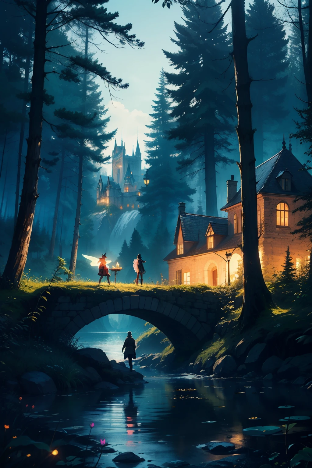 create a dark forest with a glowing lake and a castle in the background with a picnic area with a fairy man and a hunter looking at each other
