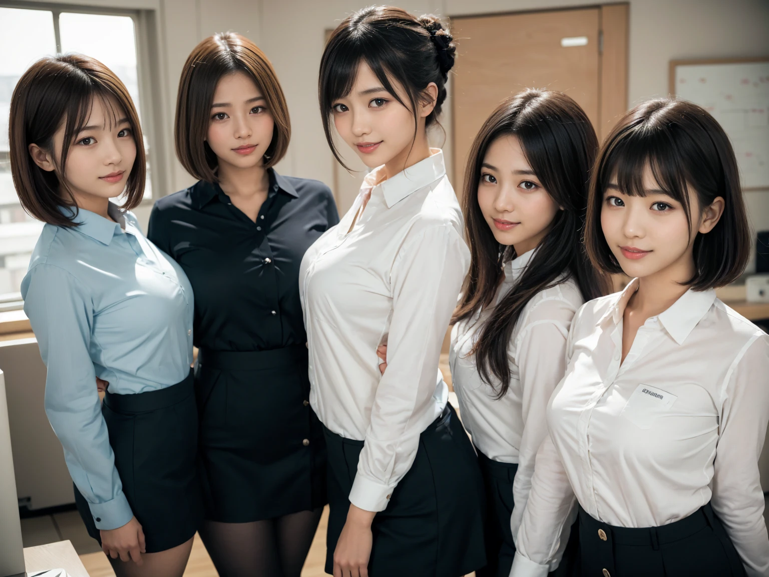 masterpiece, Highest quality, figure, Very detailed, The finer details, High resolution, 8k,wallpaper, Perfect dynamic composition,(Detailed high quality, Realistic depiction of eyes:1.3), (Three Girls), A tight-fitting business shirt with buttons on the collar and chest, Short tight skirt, Seraphim, Short Bob Hair, The background is an empty office, Deep in the field, Black hair color, Big Natural Color Lip, (Perfect figure), (smile)、Harajuku Style、Beautiful Japanese women:1.4), Adorable expression、Expressions of happiness、Very beautiful、Beautiful feet, Idol Sculpture