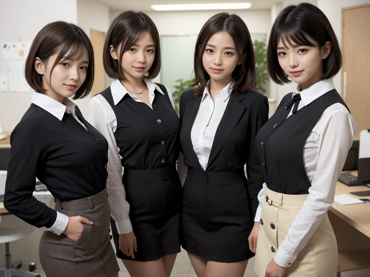 masterpiece, Highest quality, figure, Very detailed, The finer details, High resolution, 8k,wallpaper, Perfect dynamic composition,(Detailed high quality, Realistic depiction of eyes:1.3), (Three Girls), A tight-fitting business shirt with buttons on the collar and chest, Short tight skirt, Seraphim, Short Bob Hair, The background is an empty office, Deep in the field, Black hair color, Big Natural Color Lip, (Perfect figure), (smile)、Harajuku Style、Beautiful Japanese women:1.4), Adorable expression、Expressions of happiness、Very beautiful、Beautiful feet, Idol Sculpture