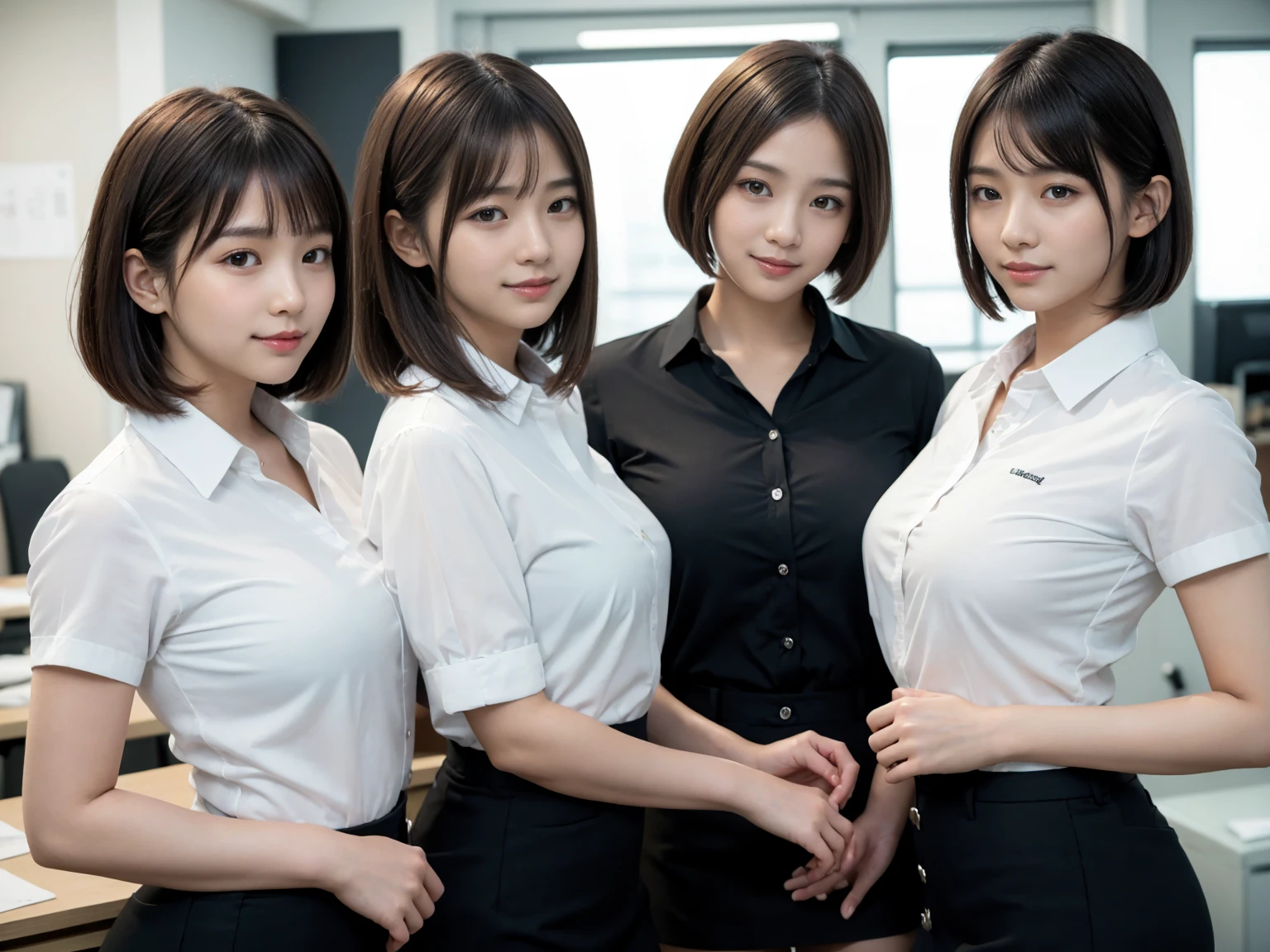 masterpiece, Highest quality, figure, Very detailed, The finer details, High resolution, 8k,wallpaper, Perfect dynamic composition,(Detailed high quality, Realistic depiction of eyes:1.3), (Three Girls), A tight-fitting business shirt with buttons on the collar and chest, Short tight skirt, Seraphim, Short Bob Hair, The background is an empty office, Deep in the field, Black hair color, Big Natural Color Lip, (Perfect figure), (smile)、Harajuku Style、Beautiful Japanese women:1.4), Adorable expression、Expressions of happiness、Very beautiful、Beautiful feet, Idol Sculpture