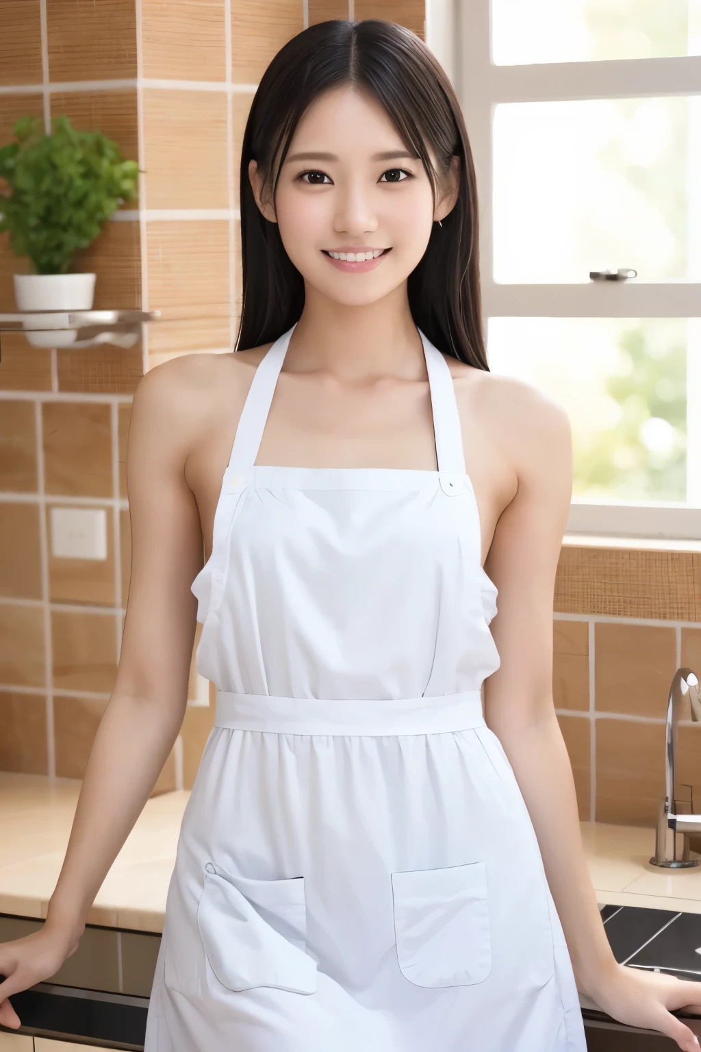 (Highest quality、Tabletop、8k、Best image quality、Award-winning works)、1. pretty girl、(Naked and wearing only a white apron:1.2)、(The perfect pure white apron:1.2)、Perfect girl portrait photo、Glowing Skin、Brown Hair、(Accentuate your body lines:1.1)、Standing Elegantly、(Face close-up:1.3)、Woman looking up at me、Cute Smile、(Classy kitchen background:1.5)