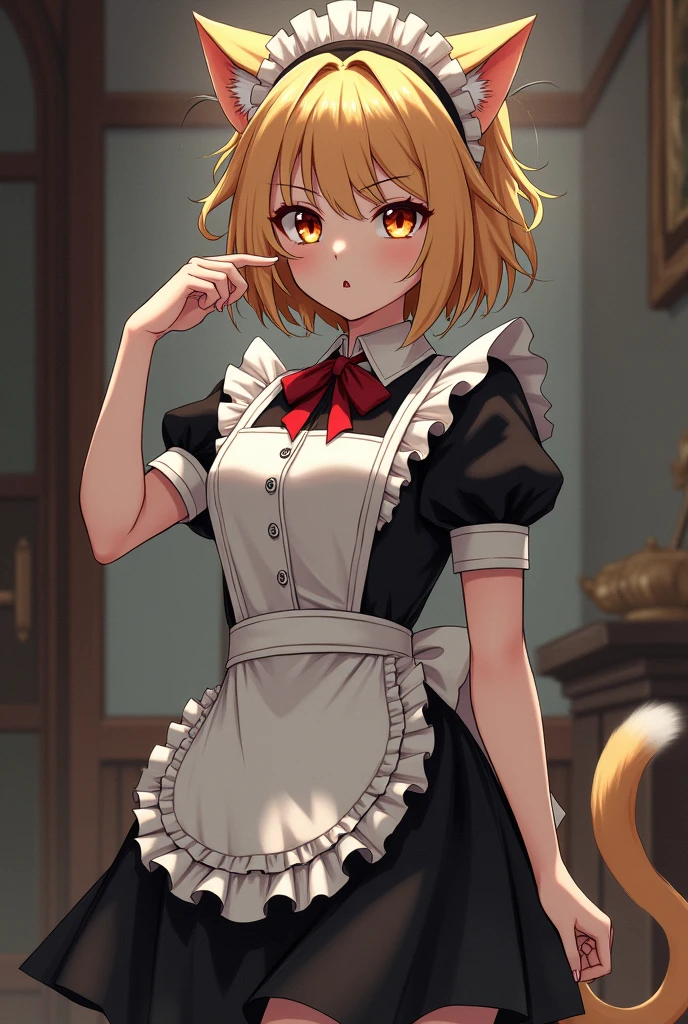 Katsumi (Bakugou female) with dull blonde hair pinned up and spiked, with maid outfit,with cat ears and cat tail
