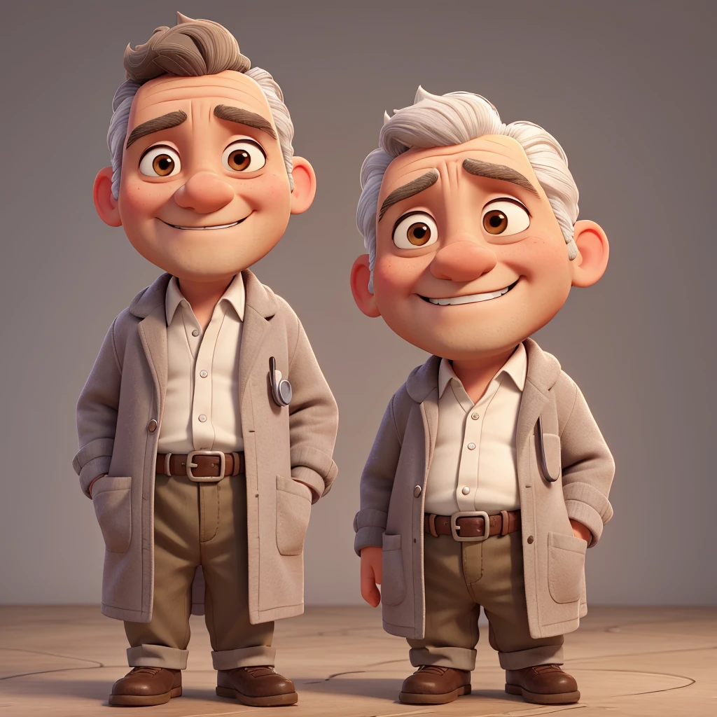 low old doctor, a little overweight, remake to disney persona, no beard, big ears, brown eyebrown, grey hair, white coat, stethoscope, grin, grey hair, hair little to side, low eyes, no cowlick, tired smile, tired eyes, tired eyebrown, big forehead, half-closed eyes, light smile, puckered lips, forehead, tired