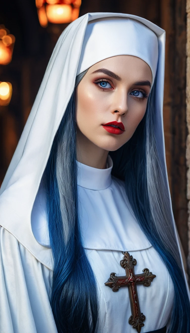 tmasterpiece，Best quality at best，A high resolution，8K，((Portrait))，(Head close-up)，Original photo，real photograph，digital photography，(A medieval fantasy woman)，(The nun in fantasy style)，25 years old woman，(Inky blue gradation of hair)，Long blue hair，red eyes，(Long hair with blue and gray gradient，blue)，(Big breasts)，An extravagant ornament，cparted lips，Keep your mouth shuegant and charming，((Frown))，Serious and arrogant，Calm and handsome，(Medieval nun costume，Cross，A complex pattern of clothing)，Photo pose，medieval characteredieval fantasy style，City background at night，oc render reflection texture
