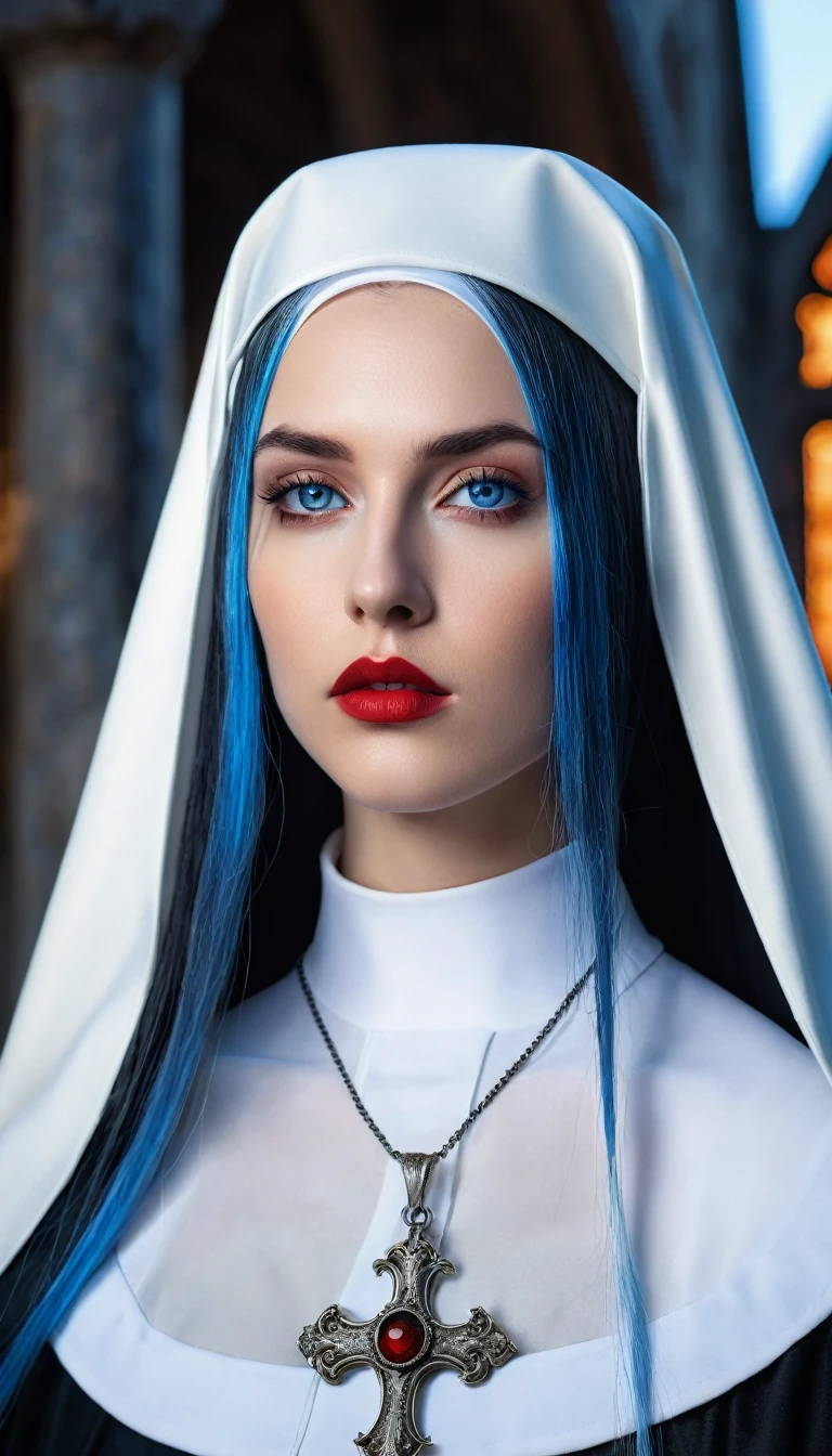 tmasterpiece,Best quality at best,A high resolution,8K,((Portrait)),(Head close-up),Original photo,real photograph,digital photography,(A medieval fantasy woman),(The nun in fantasy style),25 years old woman,(Inky blue gradation of hair),Long blue hair,red eyes,(Long hair with blue and gray gradient,blue),(Big breasts),An extravagant ornament,cparted lips,Keep your mouth shuegant and charming,((Frown)),Serious and arrogant,Calm and handsome,(Medieval nun costume,Cross,A complex pattern of clothing),Photo pose,medieval characteredieval fantasy style,City background at night,oc render reflection texture